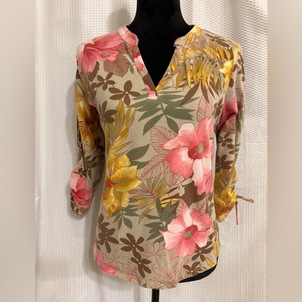 Vintage La Cabana Caribbean Joe tropical floral Hawaiian 3/4 cinched sleeve XS